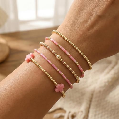 Gold Beaded Bracelets Stack for Women Stackable 14K Gold Plated Beads Ball Cross Bracelet Boho Christian Jewelry Faith Friendship Birthday Gifts for Women - color: Pink