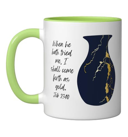 Bible Verse Jesus Christ Kintsugi Vase Gold Job Christian Ceramic Mug, Light Green/White, 11oz - color: Light Green/White, size: 11 Ounces