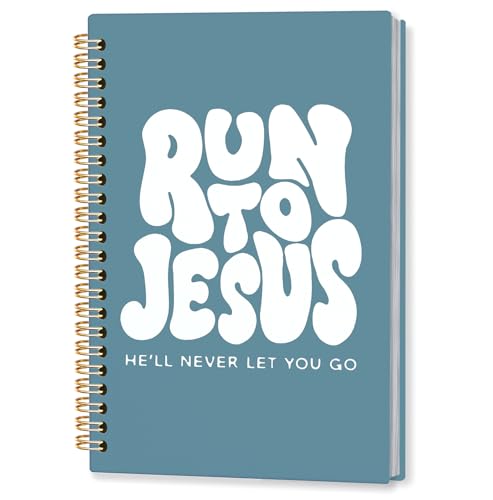 KRHFG Retro Lake Blue Christian Spiral Notebook, Run to Jesus Bible Verse Journal, Religious Scripture Journals for Writing, Bible Notebooks for Note Taking, Church Notes Journal, 5.5x8.3 Inch - color: God-Lake Blue 2