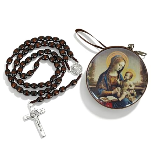 Wooden Catholic Rosary Beads, Rosarios Catolicos with Decorative Prayer Box - color: Brown (2)