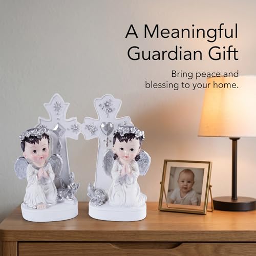 Angel Figurines Set of 2 Praying Cherub Angel Statues with Cross Backdrop White and Silver Resin Tabletop Shelf Decor for Baptism Memorial Wedding Christian Home
