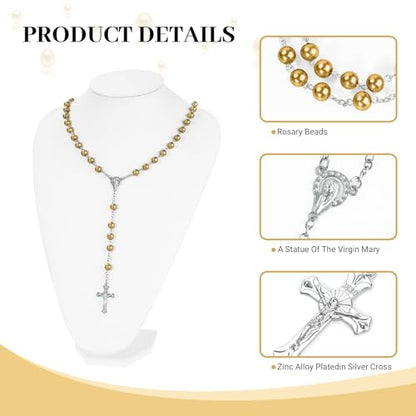 Dark Gold Pearl-Style Rosary Necklace with Metal Gift Box, 8mm, 22 Inch - color: Dark gold