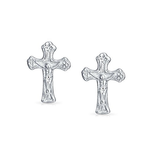 Religious Crucifix Cross Stud Earrings .925 Sterling Silver Communion Gift