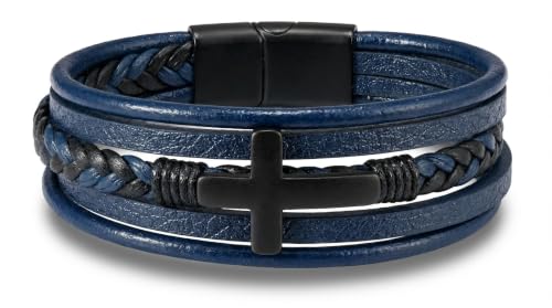 Stainless Steel Braided Leather Bracelet for Men Cuff Bangle Cross - color: Blue&Black