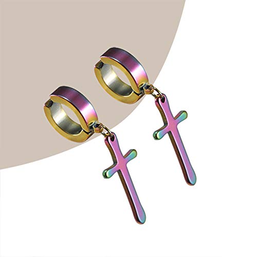 Non-pierced Earrings Set for Men Women Cross Titanium Steel Hoop Dangle Clip On Earring - style: colorful