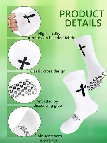 8 Pairs Cross Grip Socks Anti-Slip Christian Socks with Bible Verse and Rubber Dots Jesus Sports Sock for Unisex Youth (White)