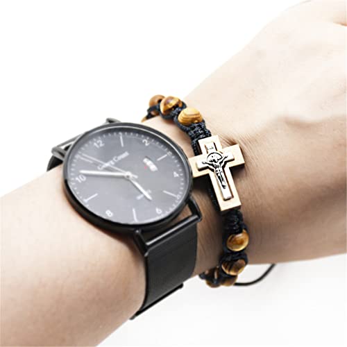 8MM Wood Rosary Bracelet, Adjustable Black Cord Catholic Cross