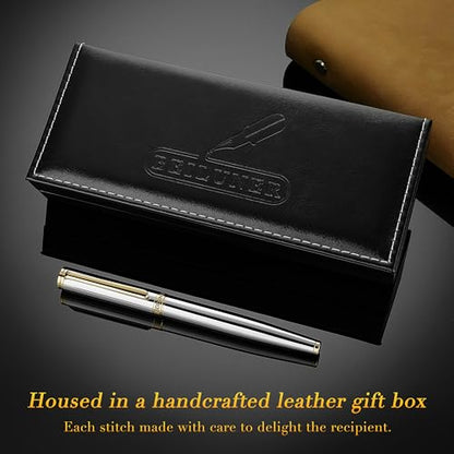 BEILUNER Silver Chrome Fountain Pen,Stunning Luxury with 24K Gold Accents, Gorgeous 24K Gilded Nib(Medium), Fancy Pen Gift for Men&Women -Ink Converter-Elegant, Office,Nice Pen for Writing - color: Silver Chrome and Gold Finish, style: Medium Nib