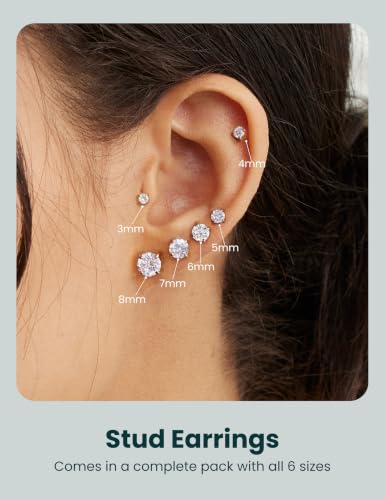 6 Pairs Hypoallergenic Cubic Zirconia Earrings Surgical Steel Flat Back Studs for Cartilage, Screw Back Fashion Jewelry - color: A-003-Rose Gold