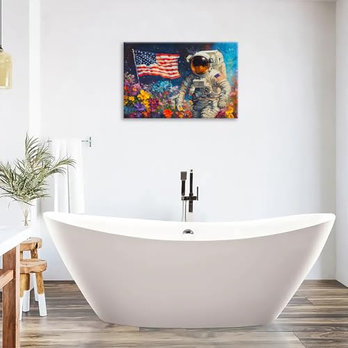 Astronaut Wall Art Outer Space Flowers Pictures Wall Decor American Flag Canvas Prints Painting Framed Modern Artwork Home Decoration for Living Room Bathroom Bedroom Office 16"X24" - color: Astronaut, size: 16"L x 24"W