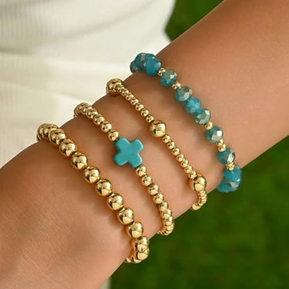 Colorful Cross Charm Bracelets for Women Men Adjustable Gold Plated Beaded Bracelet Boho Bead Ball Stretch Bracelet Birthday Summer Beach Jewelry - color: Blue