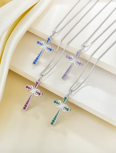YL 925 Sterling Silver Cross Necklace for Women Halo Infinity Pendant Cubic Zirconia Jewelry for Mom - color: 02-amethyst-Feb