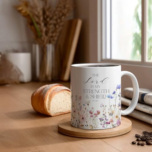 Christian Gifts for Women Ceramic Coffee Mug, Religious Gifts, Inspirational Scripture Coffee&Tea Mug, Bible Verse: The Loved is My Strength, Microwave and Dishwasher-safe (White-Little Flower)