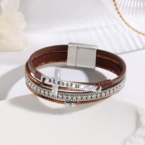 LINGYUAN Cross Bracelet for Women, Leather Religious Christian Jewelry - color: Brown