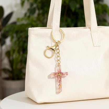 Angyape Cute Christian Cross Keychain for Women Purse Bag Charms Car Key Rings Accessories Flower Design Jesus Faith Gifts - color: A: Pink Keychain