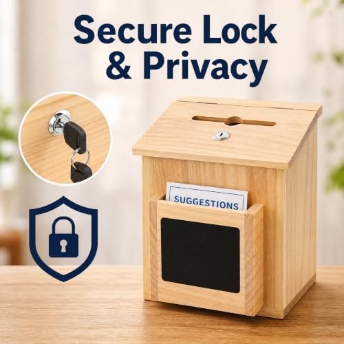 ZENFUN Wooden Suggestion Box with 50 Free Suggestion Cards, Natural Pinewood Ballot Comment Box Donation Box with Locking Hinged Lid for Countertop or Wall Mounted, 8.6" x 6.8" x 10"