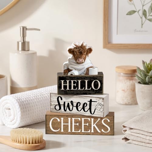 Moucuny 4 Pcs Highland Cow Bathroom Decor Wooden Signs, Farmhouse - style: Bathroom Highland Cow