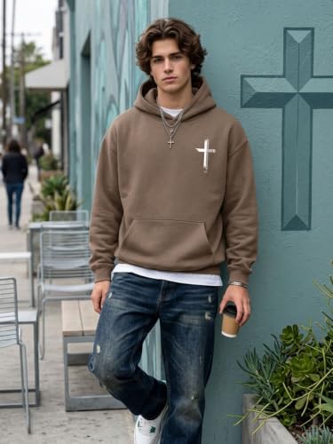 Eatbook Christian Hoodies for Men Faith Over Fear Cross Graphic Hoodie - color: Khaki, size: X-Large