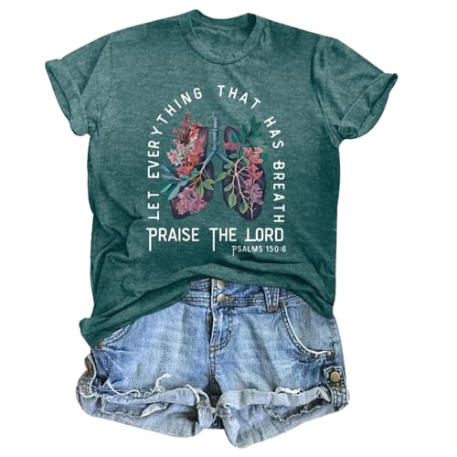 Christian Shirts for Women Vintage Bible Verse T Shirts Boho Floral Jesus Shirt Wildflowers Graphic Tees Tops - color: Dark Green, size: Medium