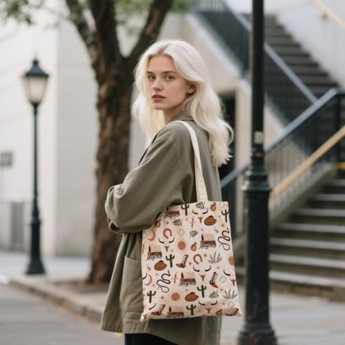 Aesthetic Canvas Tote Bag for Women - with Magnetic Snap Closure & Zipper Inner Pocket Reusable Bag for Shopping - color: Cowboy1