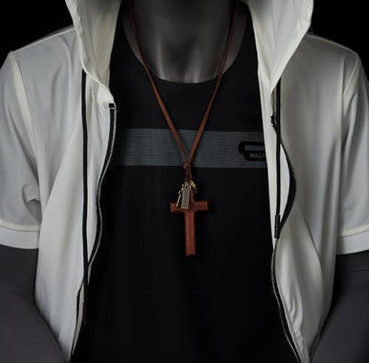 COOLSTEELANDBEYOND Leather Cord Necklace with Wooden Cross and Ring Charms, Mens Womens, Adjustable Brown Leather Cord