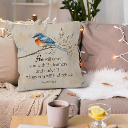 Farmhouse Christian Bible Verse Blue Bird Throw Pillow Cover 18x18 - color: Christian