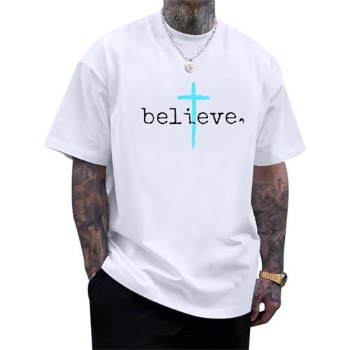 BeWithYou Christian Shirts for Men Vintage Faith Jesus God Tshirt Inspirational Cross Bible Verse Shirt Oversized Graphic Tee - color: White, size: Large