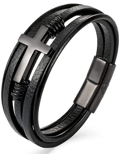 YL Mens Cross Viking Celtic Ankh Odin Compass Life Tree Leather Bracelet, 18K Gold/Black Rhodium Stainless Steel Christian Religious Protection Talisman Brown Cuff Handcrafted Jewelry Gifts - color: Black Rhodium-Cross A-Black, size: 8.3"(210mm)