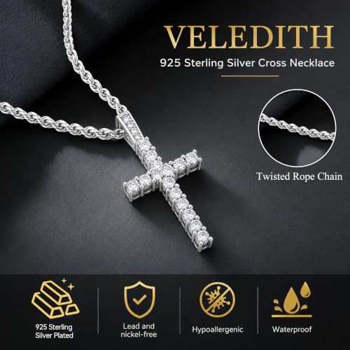 925 Sterling Silver Cross Necklaces for Mens Women CZ Beveled Edge - color: Cubic Zirconia Silver Cross