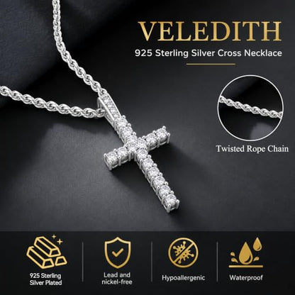 925 Sterling Silver Cross Necklaces for Mens Women CZ Beveled Edge - color: Cubic Zirconia Silver Cross