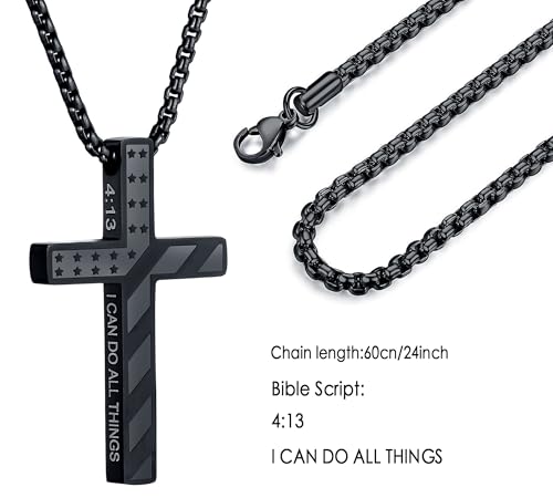 Cross Necklace for Men Christmas Gift Cross Pendant Strength Bible Verse Stainless Steel Necklaces - style: US-Flag cross necklace