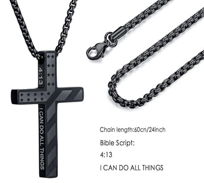 Cross Necklace for Men Christmas Gift Cross Pendant Strength Bible Verse Stainless Steel Necklaces - style: US-Flag cross necklace