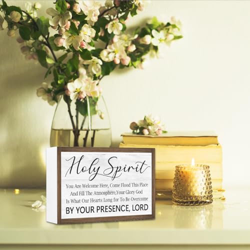 Ruvoty Holy Spirit You Are Welcome Here Bible Verse Wooden Box Sign Desk Decor,Rustic Scripture Wood Block Plaque Sign for Christian Farmhouse Home Office Shelf Tabletop Wall Decor