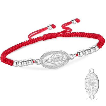 VASSAGO Virgin Mary Bracelet for Women Men Double-Sided Virgen de Guadalupe Rosary Bracelet Medal Handmade Braided Rope Catholic Christian Religious Jewelry Gift - color: silver-red string