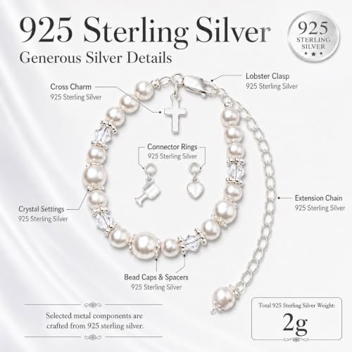 Tryuunion Baptism Bracelet in 925 Sterling Silver and Cultured Pearls for Baby Girls, Comes with a Unique Silver-plated Jewelry Keepsake Box, Christening and Baptism Gifts For Girl, Includes 3 Charms - style: Complete Set