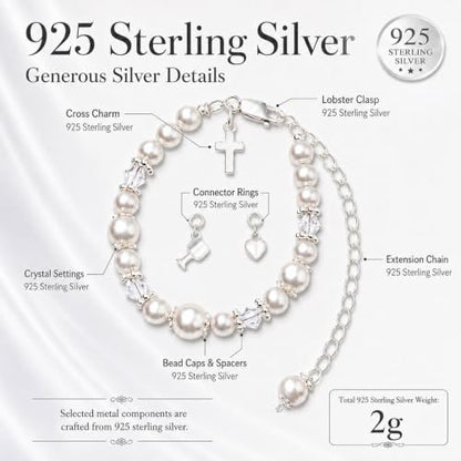 Tryuunion Baptism Bracelet in 925 Sterling Silver and Cultured Pearls for Baby Girls, Comes with a Unique Silver-plated Jewelry Keepsake Box, Christening and Baptism Gifts For Girl, Includes 3 Charms - style: Complete Set