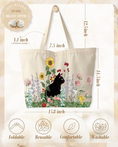 Miss Adola Large Tote Bag for Women - Canvas Tote Bag with Zipper Aesthetic Reusable Shoulder Bag for Gym, Travel, Work - style: Grass Cat