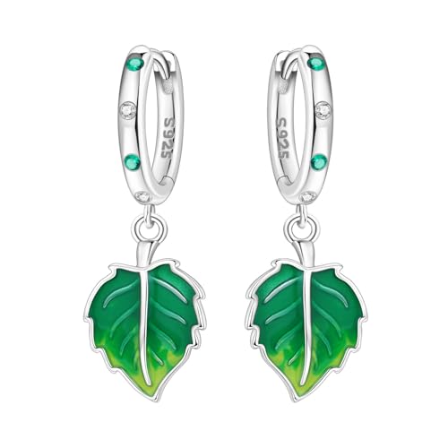 925 Sterling Silver Drop & Dangle Earrings for Women,Butterfly Dragonfly and Bee|Flower and leaf Earrings, Suitable for Sensitive Ears Fashion Jewelry Gift- Hypoallergenic Earrings - color: Green leaf