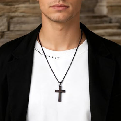 Wooden Cross Necklace for Men With Stainless steel And Black Ebony Adjustable Box Chain 24–26 inches Suitable for Everyday Wear And Christian Gifts for Men - color: Black-E