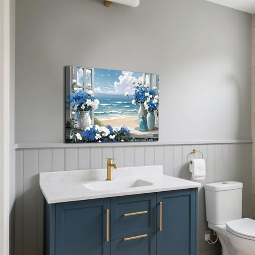 Coastal Flower Bathroom Canvas Wall Art Farmhouse Blue Bathroom Wall Decor - color: Beach Wall Art Canvas Prints (Ready to Hang)