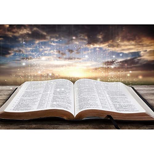 5x4ft Jesus Christ Backdrop Light of Wisdom Emit from The Opened Holy Bible Book Bokeh Sunset Glitter Glow Photography Background Christian Church Sanctuary Banner Decor Vinyl Studio Prop - size: 5x4ft