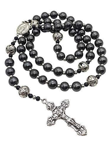 Nazareth Store Hematite Rosary Black Stone Beads Necklace Metal Beaded Silver-Plated Medal & Cross for Men NS