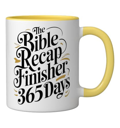 The Bible Recap Finisher 365 Days Funny Jesus Youth Ceramic Mug, Yellow/White - color: Yellow/White, size: 11 Ounces