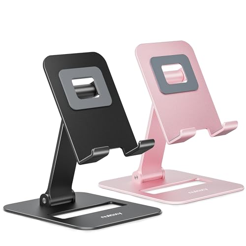 Nulaxy 2 Pcs Aluminum Dual Folding Cell Phone Stand for Desk Black&Rosegold - color: A-Black & Rose Gold