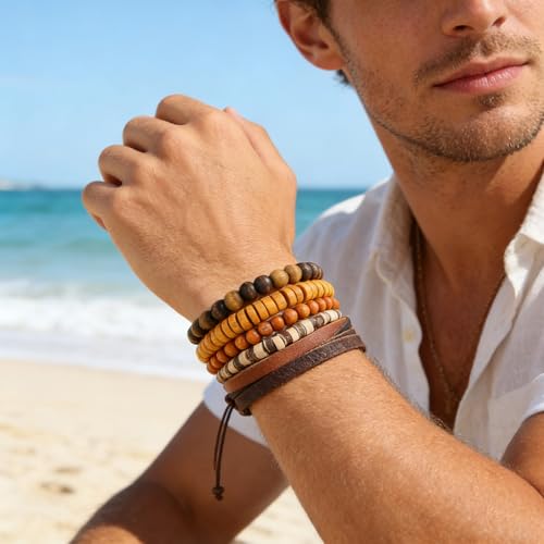 HZMAN Handmade Hemp Cords Wood Beads Leather Bracelets for Men Women - style: Coconut shell 5 Mix