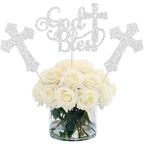 Gyufise 12Pcs God Bless and Cross Centerpiece Sticks Double Sided Cross God Bless Table Flower Centerpieces Sticks First Communion Baptism Decorations for God Bless Theme Party Supplies Silver - color: Silver