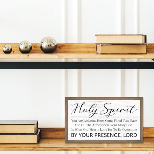 Ruvoty Holy Spirit You Are Welcome Here Bible Verse Wooden Box Sign Desk Decor,Rustic Scripture Wood Block Plaque Sign for Christian Farmhouse Home Office Shelf Tabletop Wall Decor