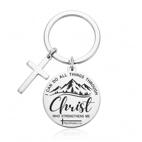 Cross Keychain Bible verse Stainless Steel Round Engraved