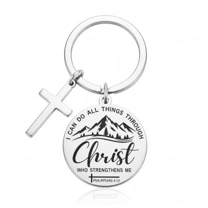 Cross Keychain Bible verse Stainless Steel Round Engraved