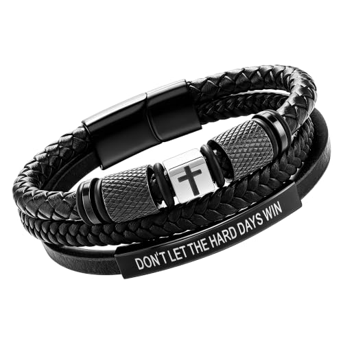 Leather Cross Bracelet for Men, Inspirational Christian Bracelet - color: DON'T LET THE HARD DAYS WIN